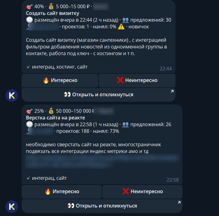 Карточки заказов в Telegram